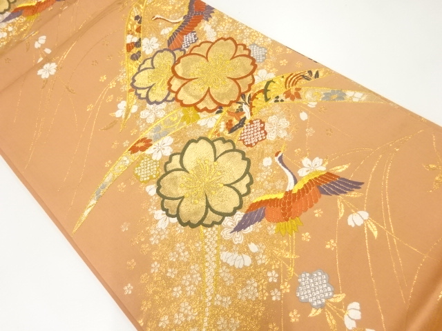 桜に鶴・芝草模様織出し振袖用袋帯